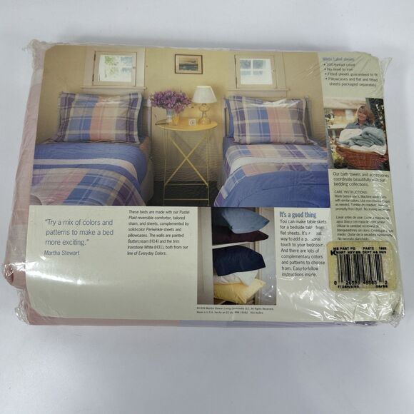 Martha Stewart King Fitted Sheet Pastel Plaid No Iron Purple Blue 200 Count - Picture 3 of 6